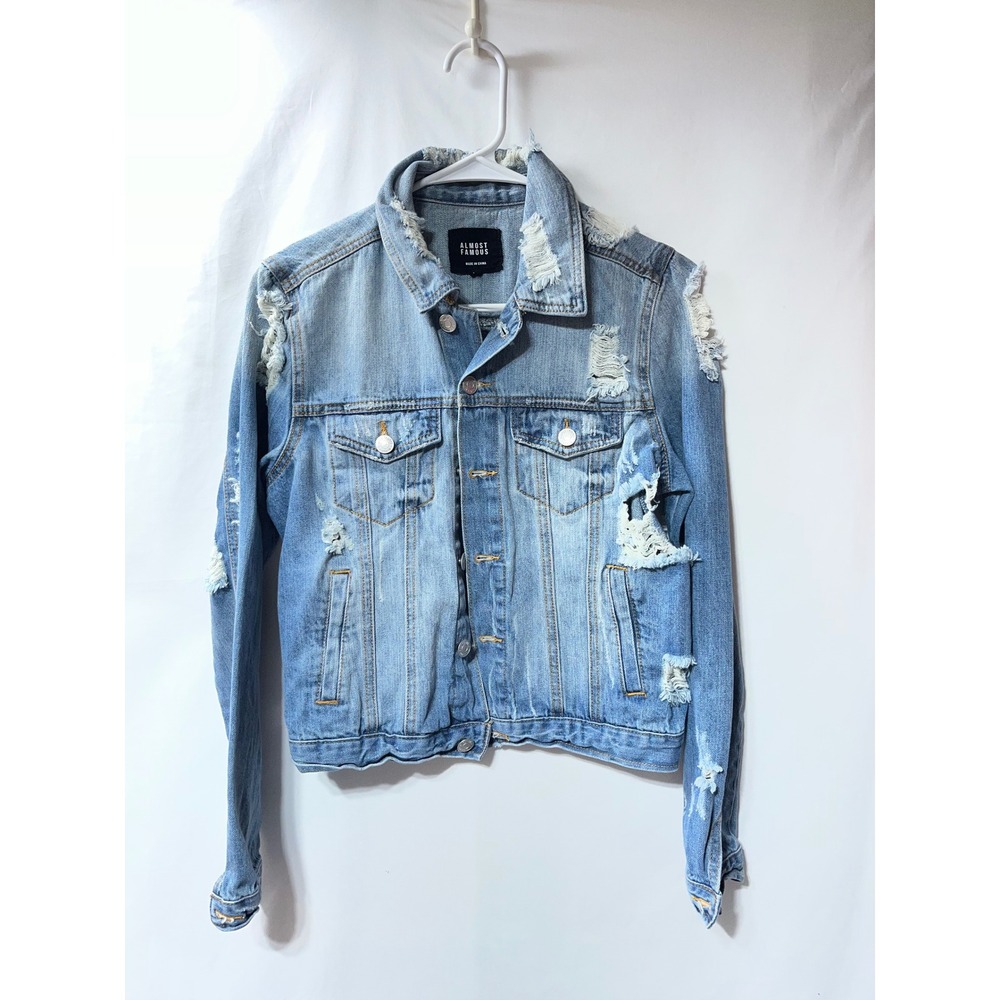 Almost Famous Womens Distressed Denim Jacket Light Wash Blue Shredded Medium
